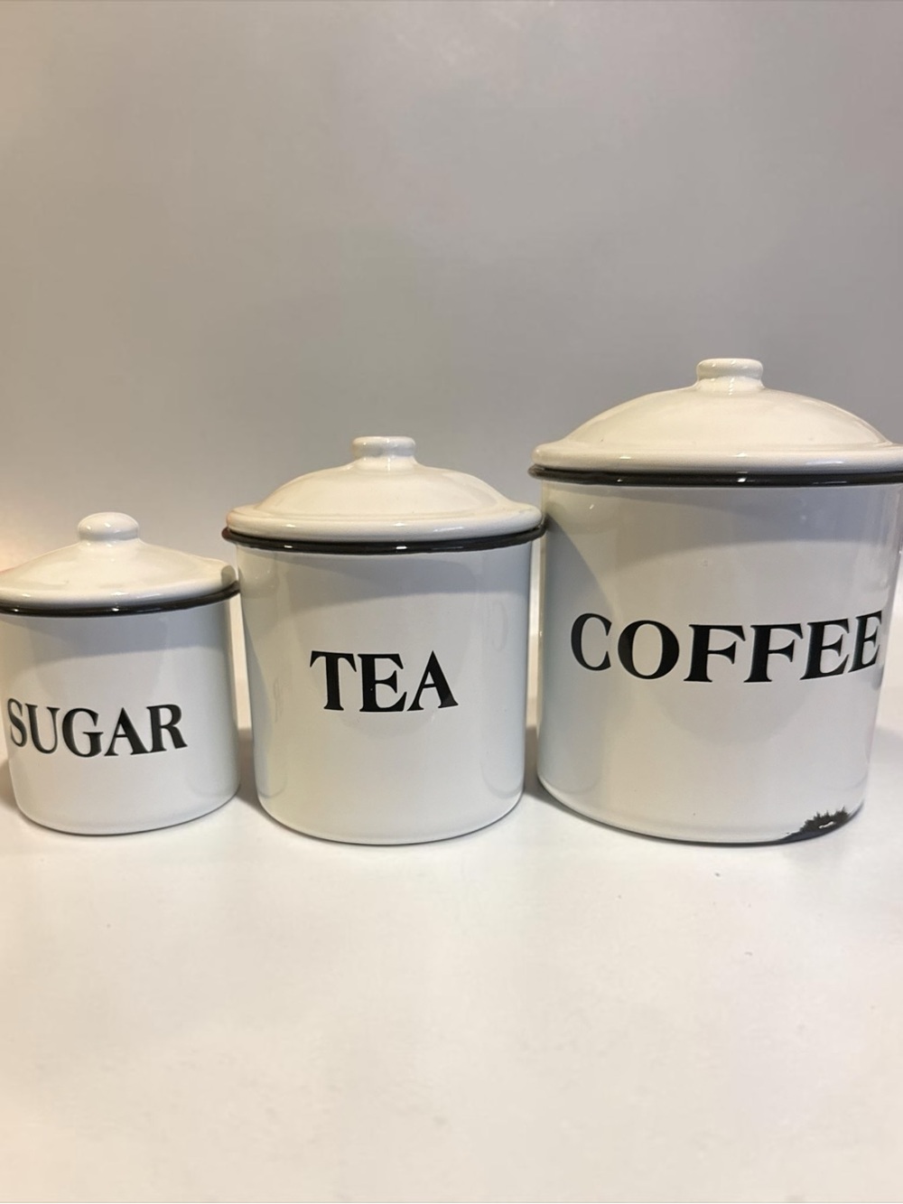 a new day White & Black Enamel Tea, Coffee & Sugar Canister Set